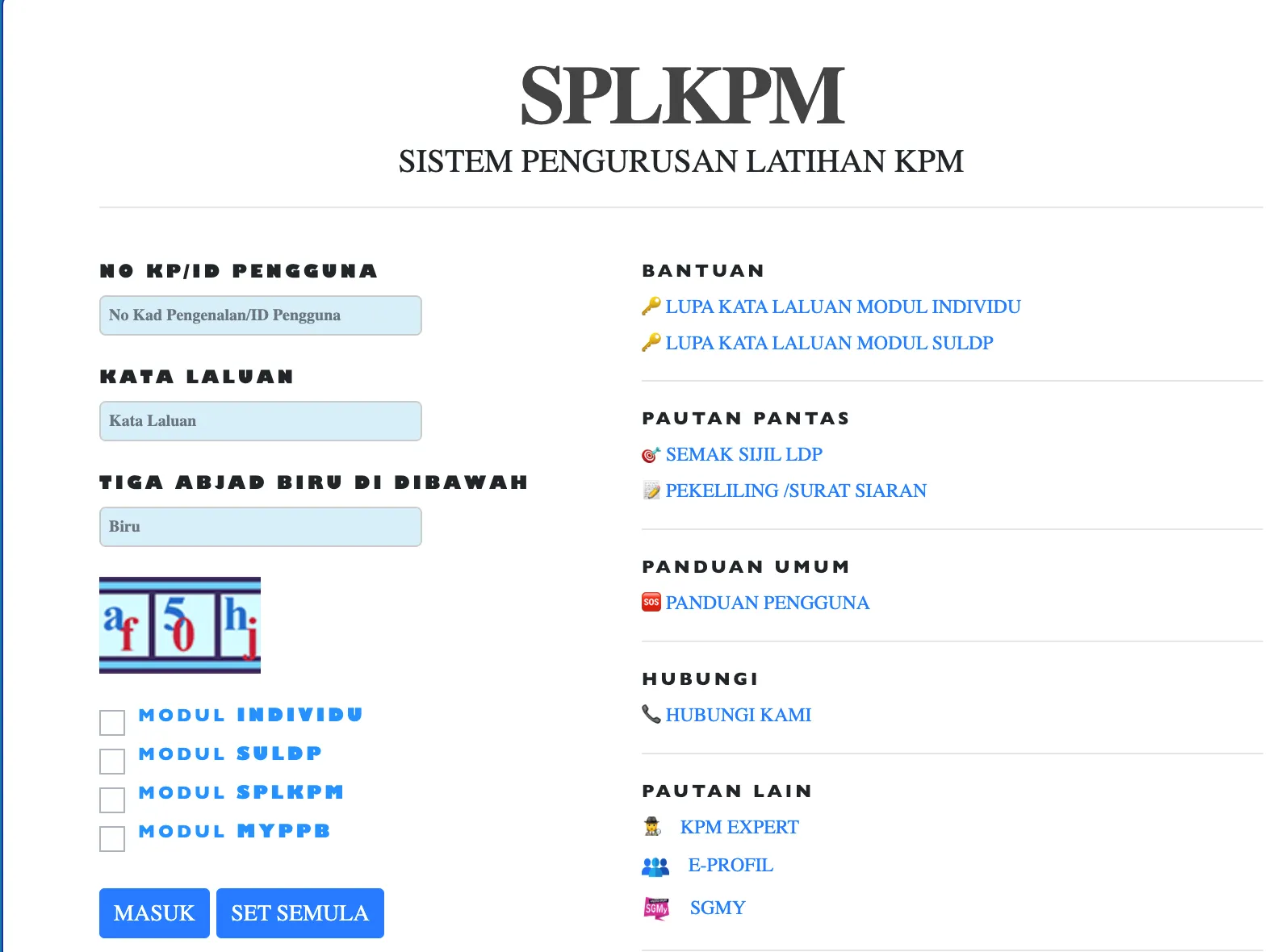 Antaramuka SPLKPM - Sistem Pengurusan Latihan KPM